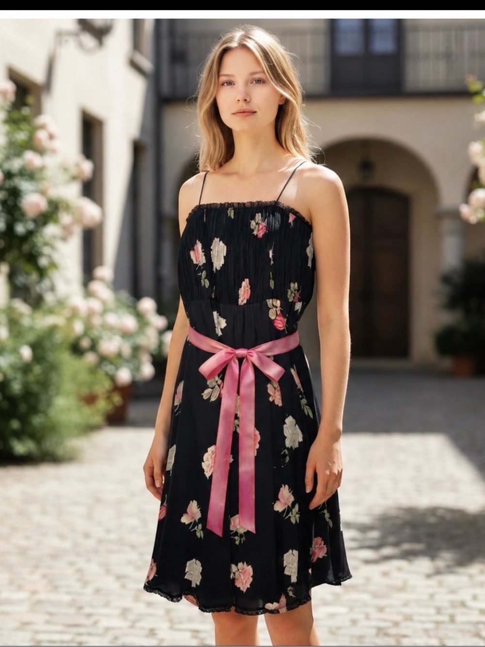 Sara Campbell Black Silk Floral Plisse Midi Dress Pink Sash Women 10 Made in USA